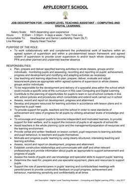 Job Description for Higher Level Teaching Assistant Computing and Digital Learning