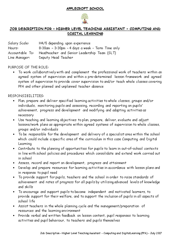 Job Description for Higher Level Teaching Assistant Computing and Digital Learning