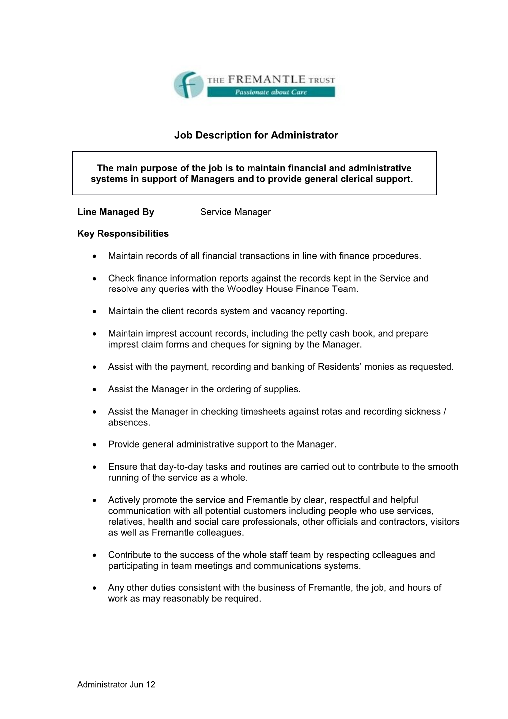 Job Description for Household Assistant (Kitchen)