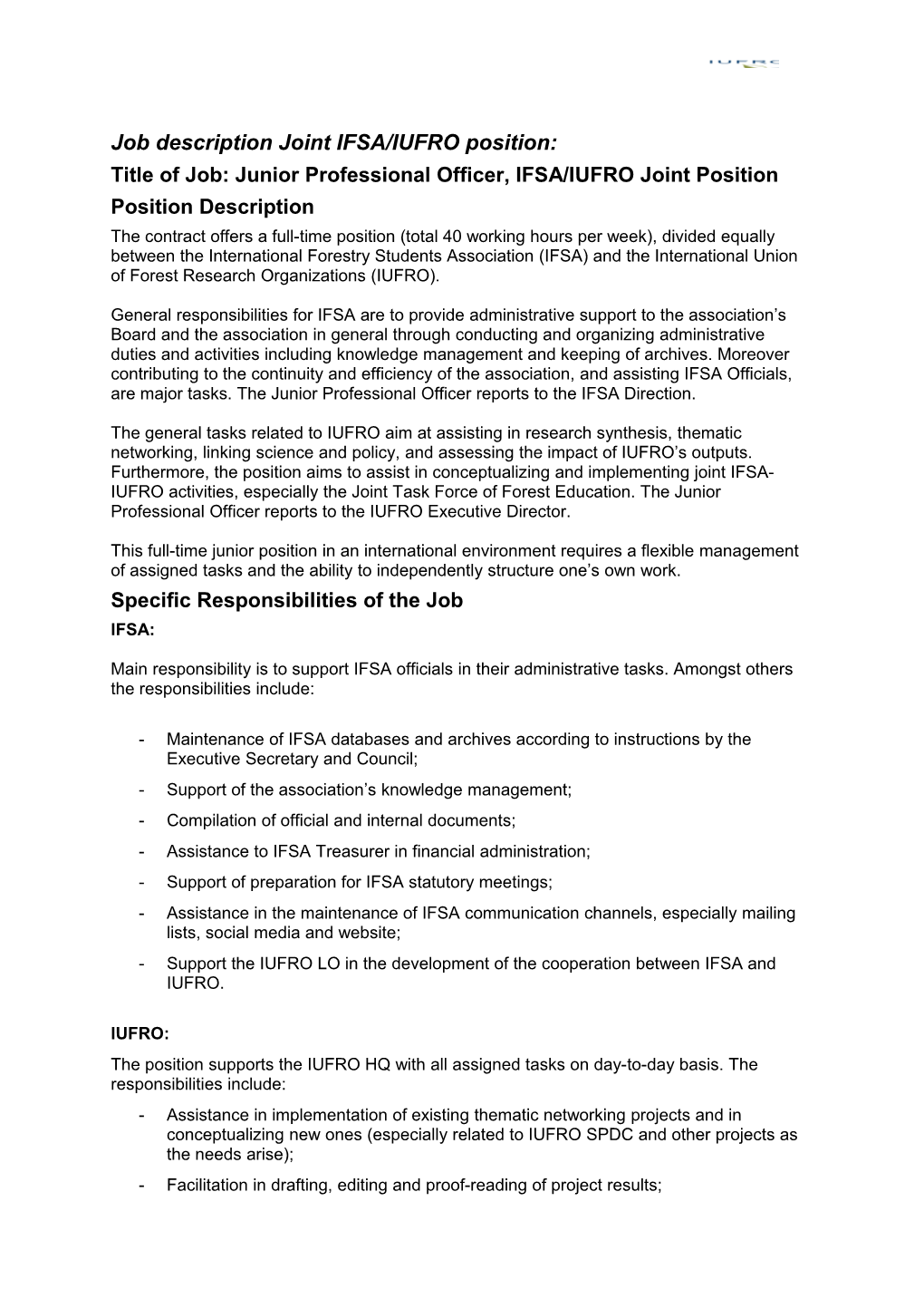 Job Description Joint IFSA/IUFRO Position