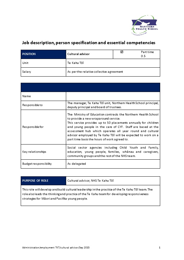 Job Description, Person Specification and Essential Competencies