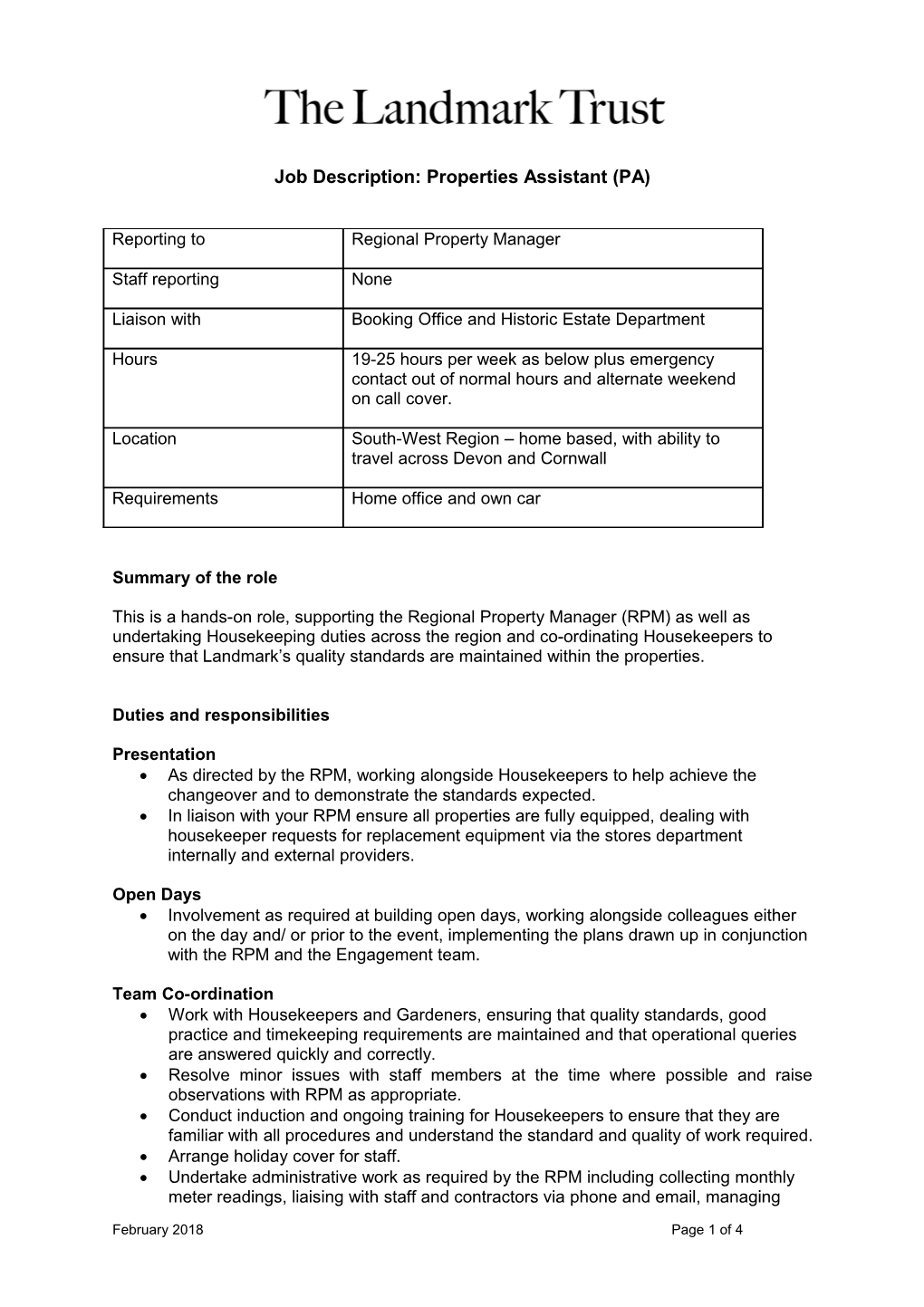 Job Description: Properties Assistant (PA)