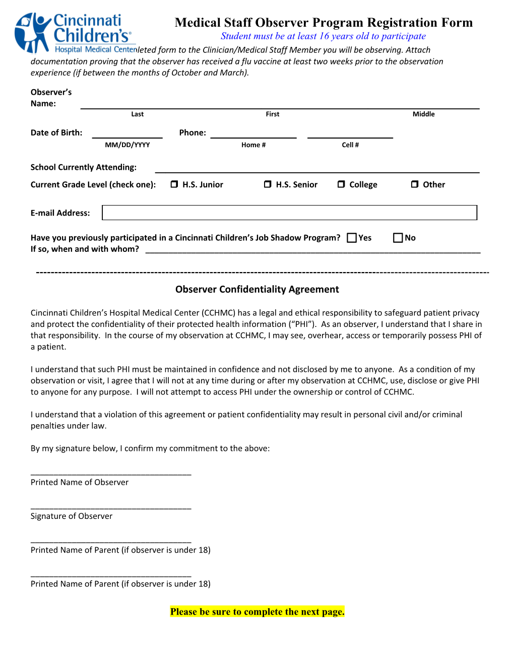 Job Shadow Program Registration Form