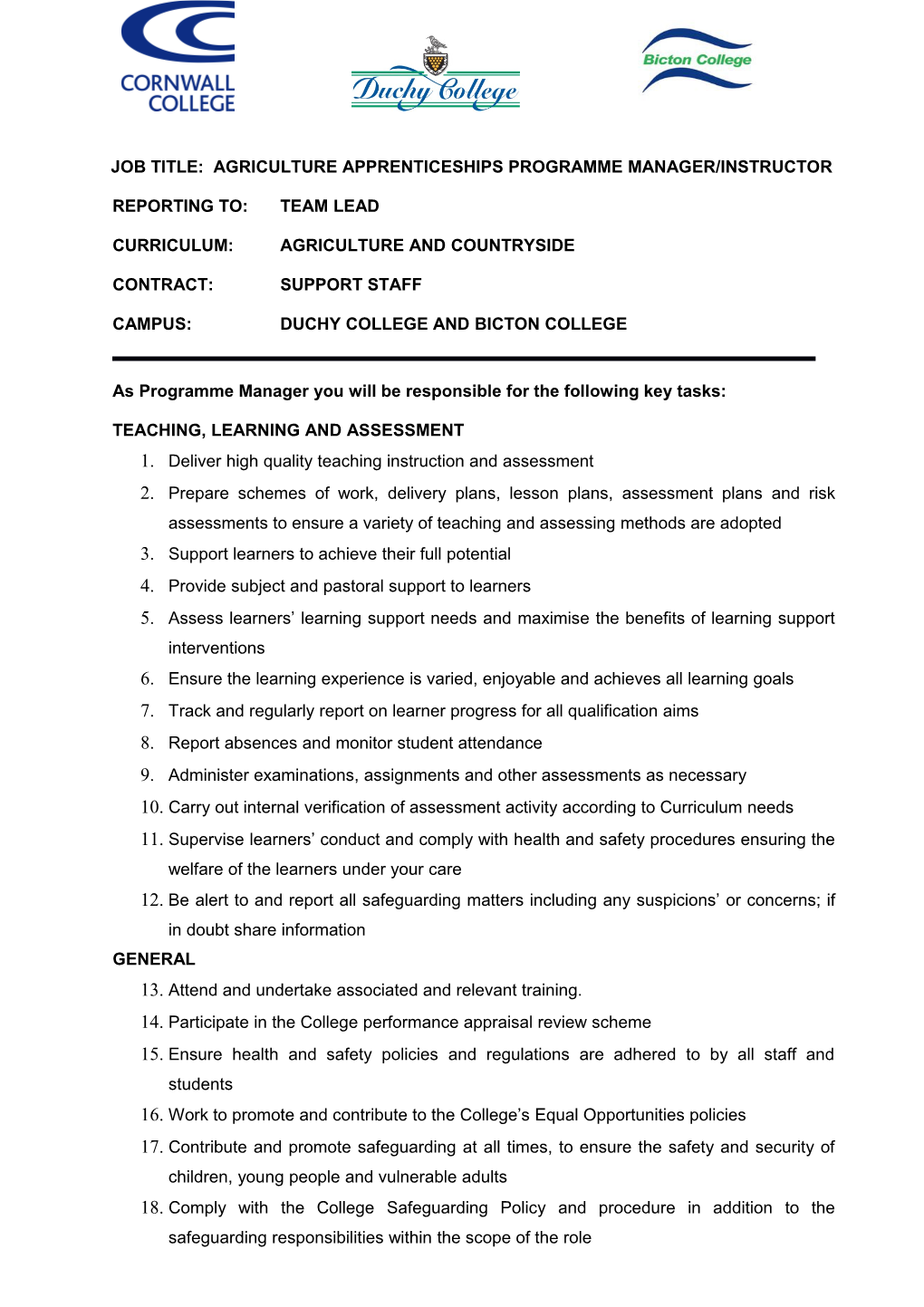 Job Title: Agriculture Apprenticeships Programme Manager/Instructor