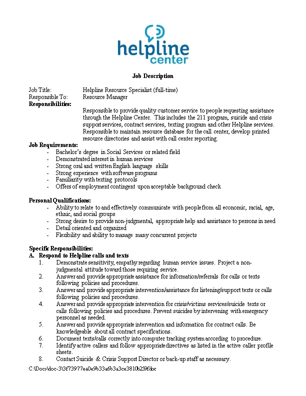 Job Title:Helpline Resourcespecialist(Full-Time)