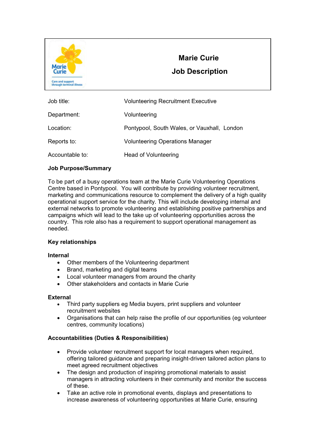 Job Title:Volunteering Recruitment Executive