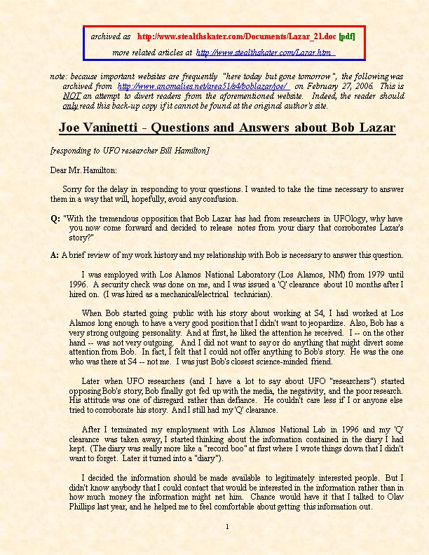 Joe Vaninetti - Questions and Answers About Bob Lazar