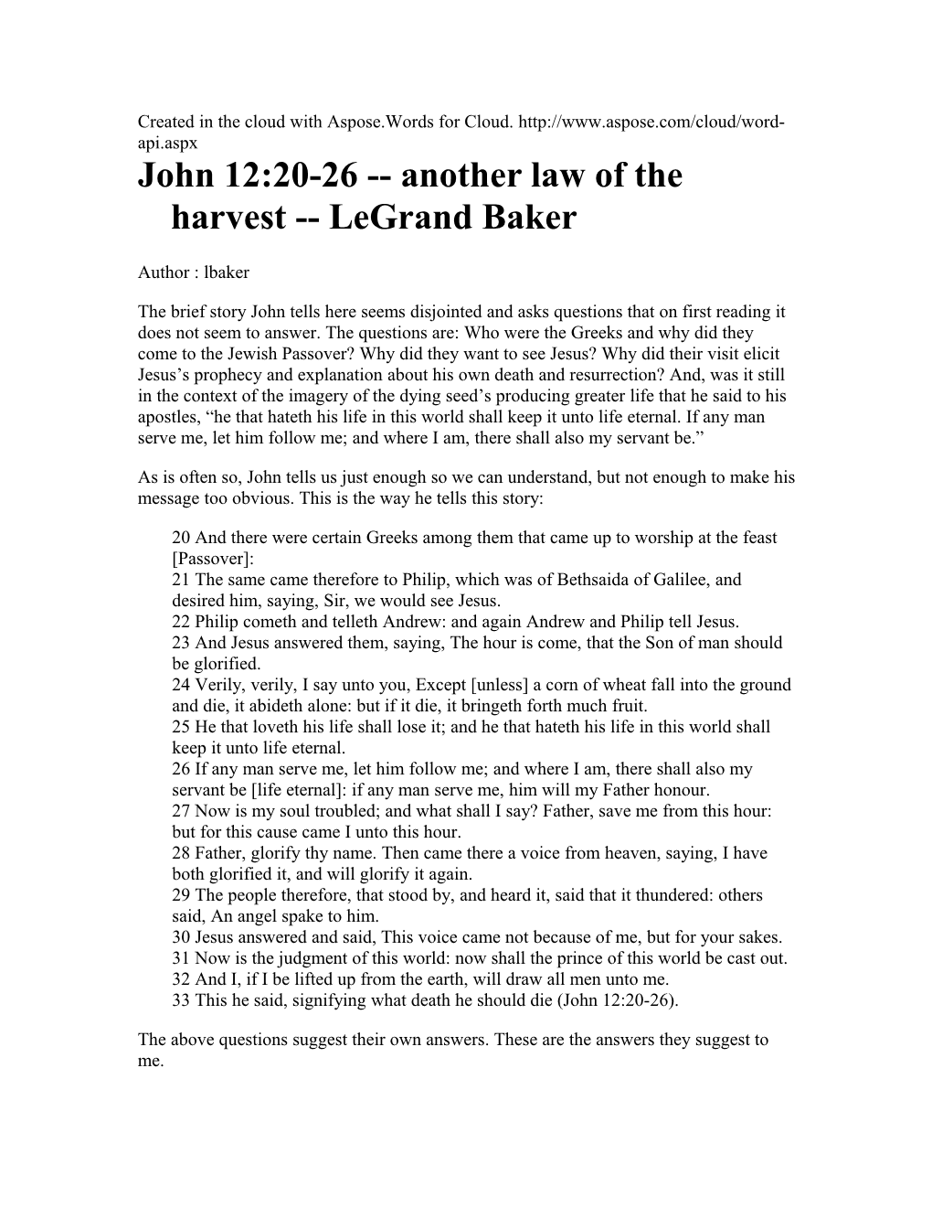 John 12:20-26 Another Law of the Harvest Legrand Baker
