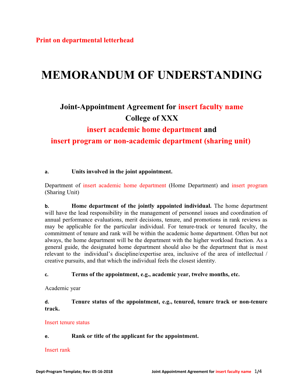 Joint-Appointment Agreement for Insert Faculty Name