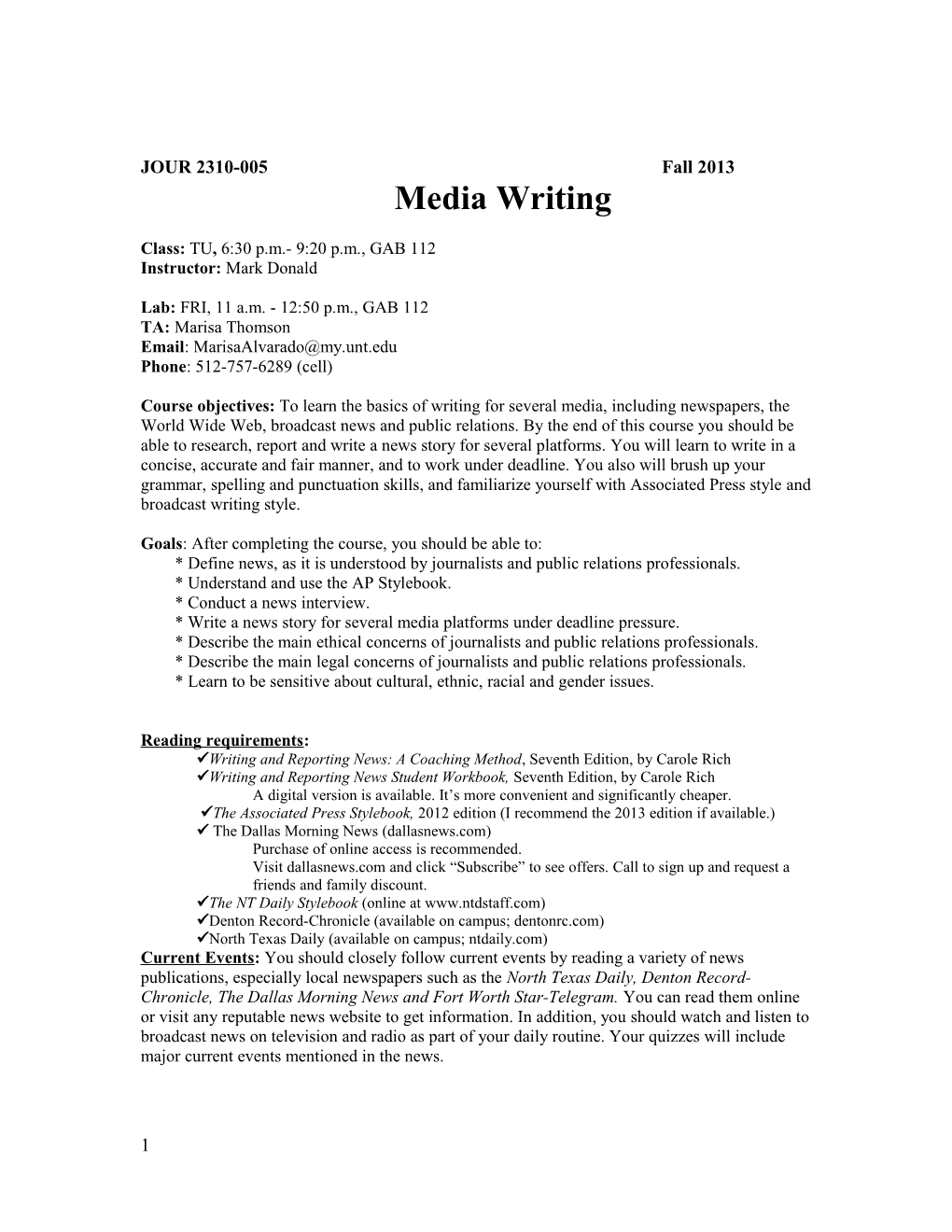 JOUR 2310-005 Fall 2013 Media Writing
