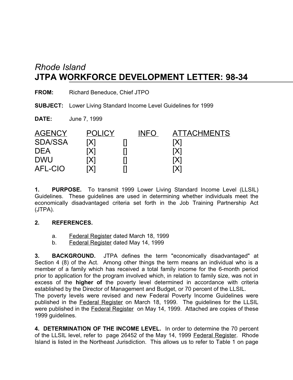 Jtpa Workforce Development Letter:98-34