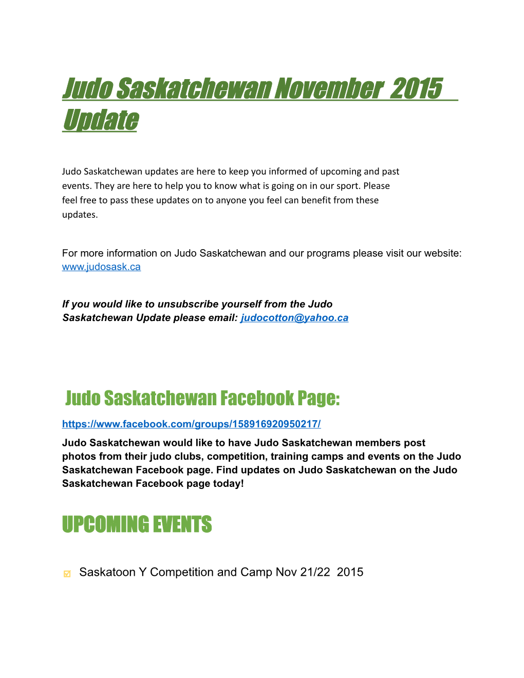 Judo Saskatchewan November 2015 Update