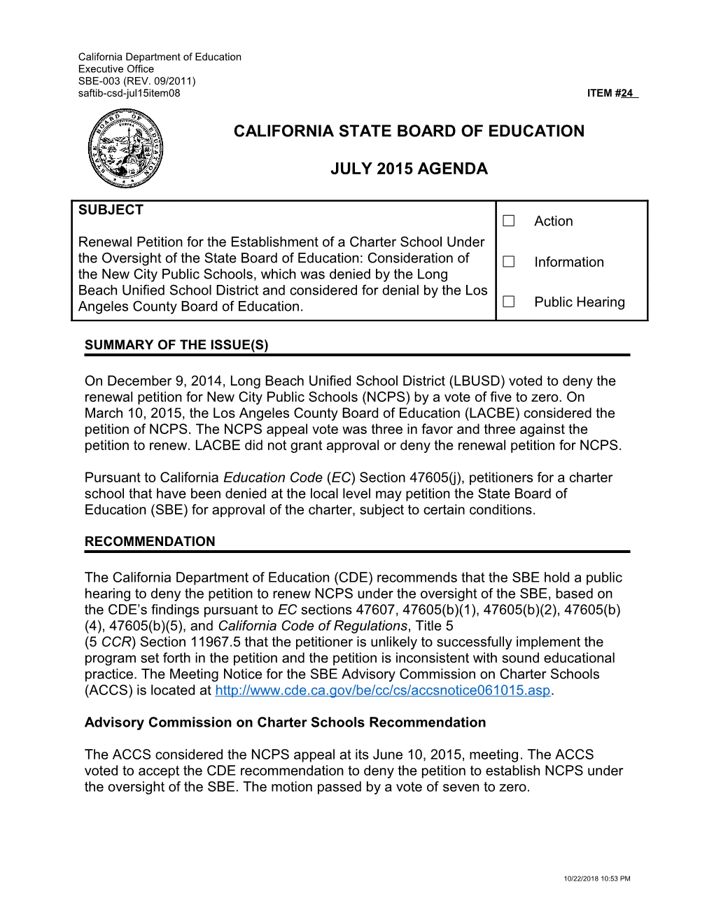 July 2015 Agenda Item 24 - Meeting Agendas (CA State Board of Education)