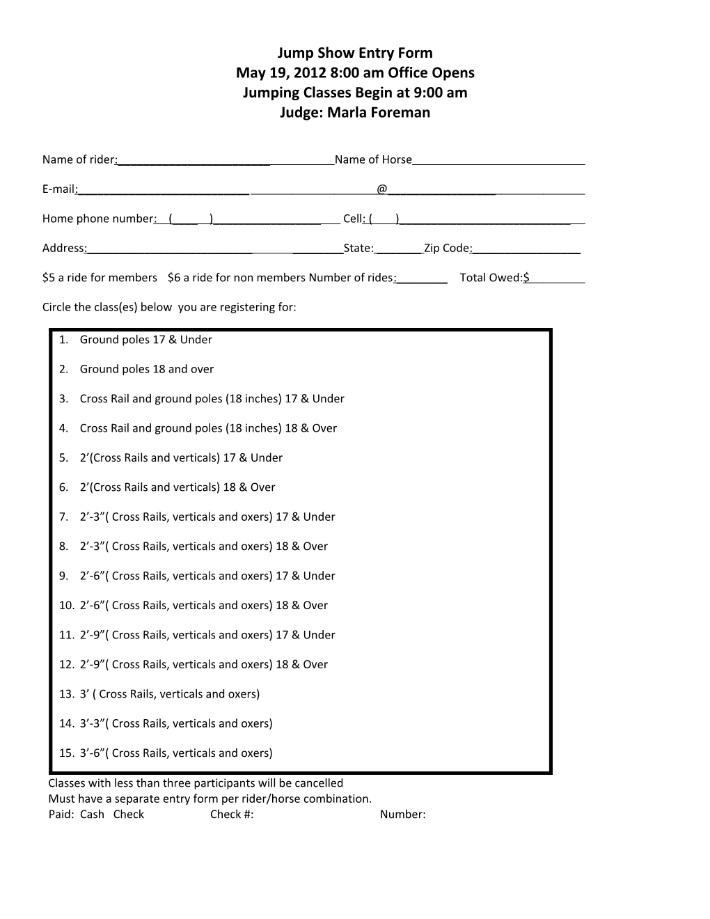 Jump Show Entry Form