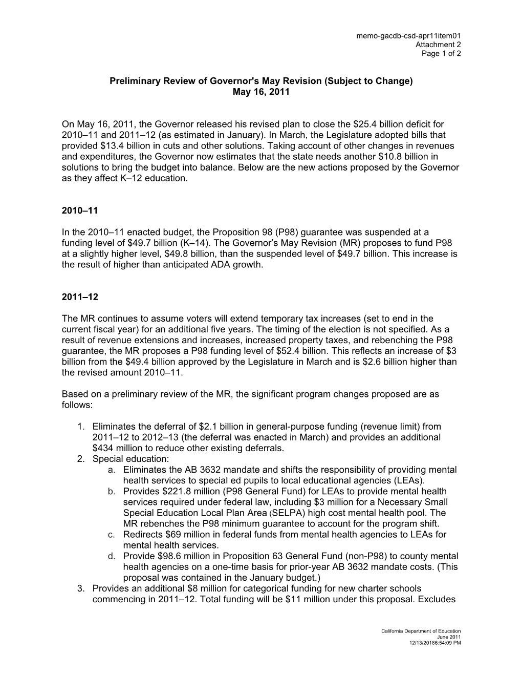 June 2011 Memorandum CSD Item 1 Attachment 2 - Information Memorandum (CA State Board Of
