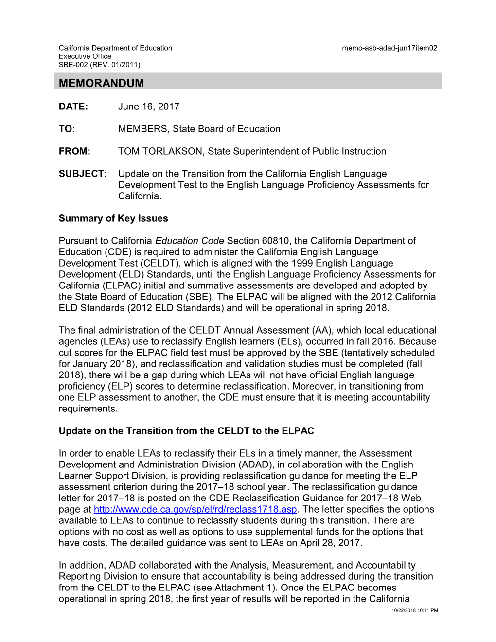 June 2017 Memo ADAD Item 02 - Information Memorandum (CA State Board of Education)