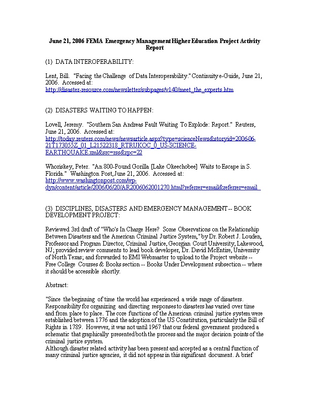 June 21, 2006 FEMA Emergency Management Higher Education Project Activity Report