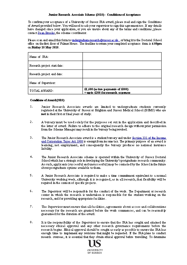 Junior Research Associate Scheme (2018) - Conditions of Acceptance