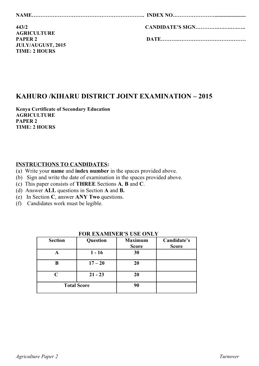 Kahuro /Kiharu District Joint Examination 2015