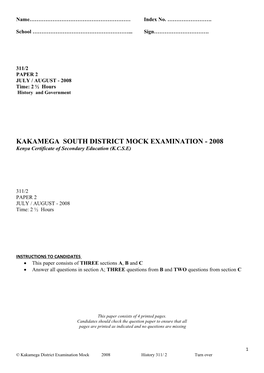 Kakamega South District Mock Examination - 2008
