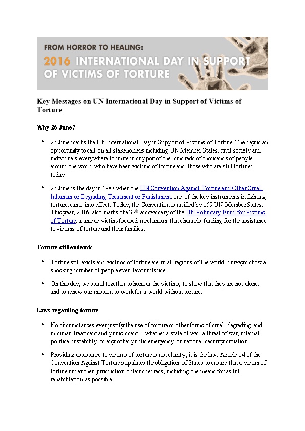 Key Messages Onun International Day in Support of Victims of Torture
