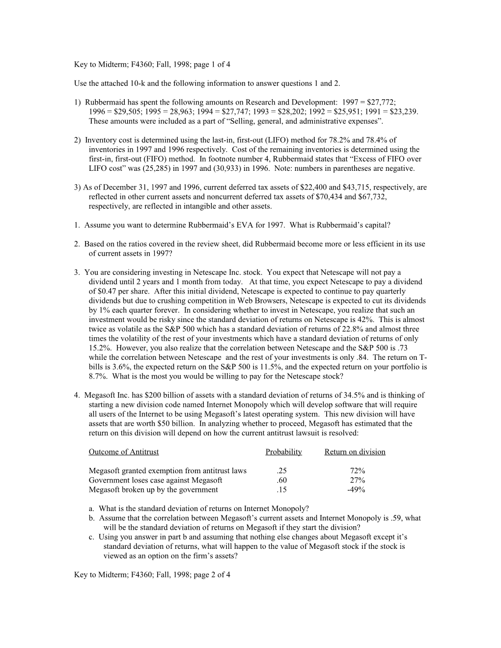 Key to Midterm; F4360; Fall, 1998; Page 1 of 4