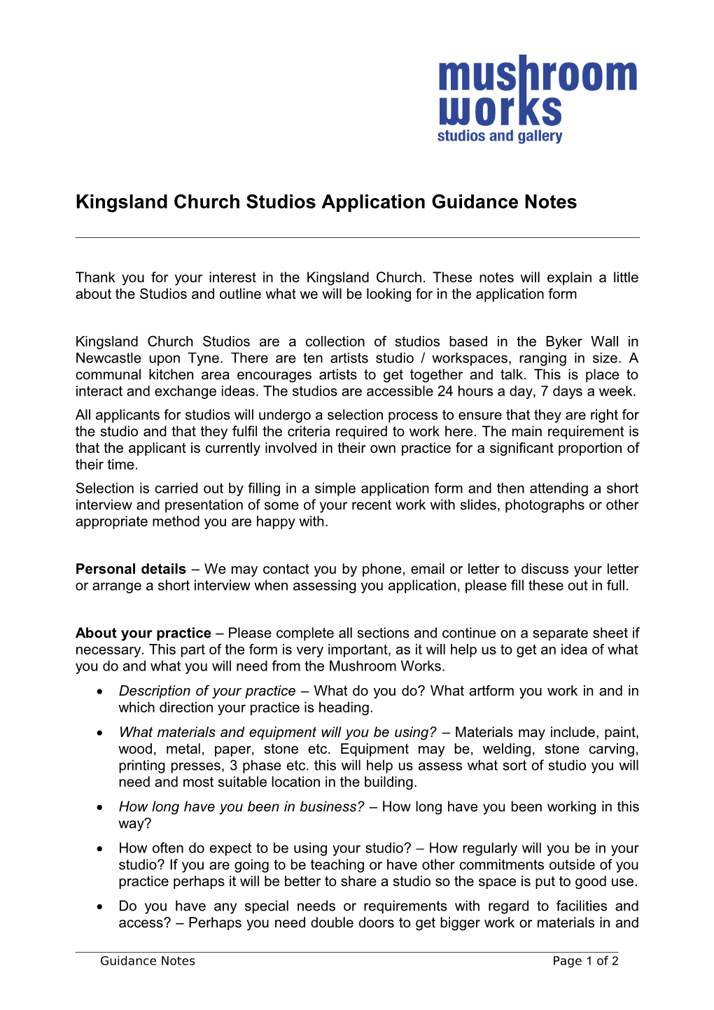 Kingsland Church Studios Application Guidance Notes