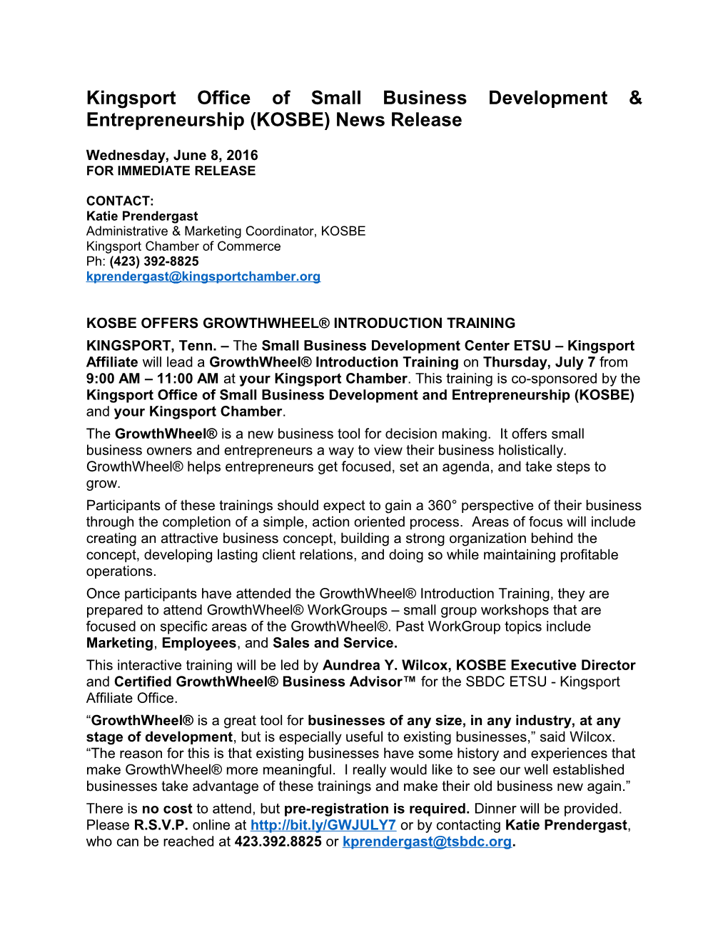 Kingsport Office of Small Business Development & Entrepreneurship (KOSBE) News Release