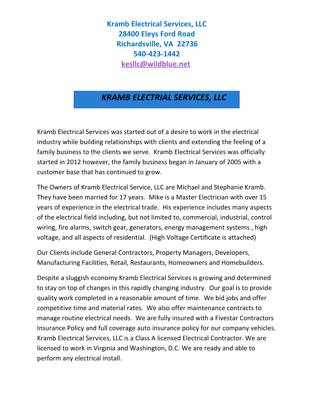 Kramb Electrical Services, LLC
