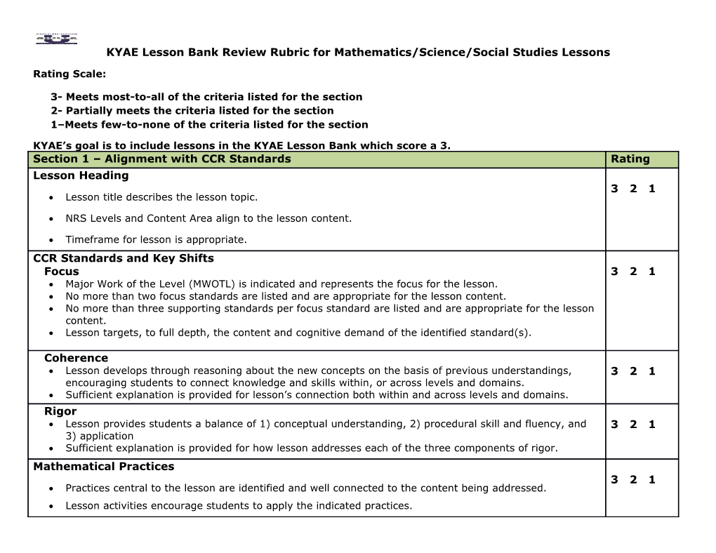 KYAE Lesson Bank Review Rubric for Mathematics/Science/Social Studieslessons