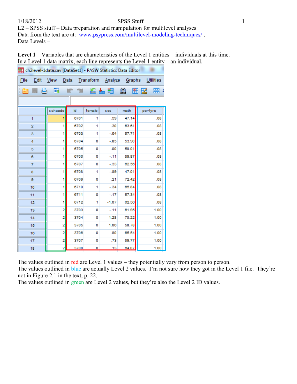 L2 SPSS Stuff Data Preparation and Manipulation for Multilevel Analyses