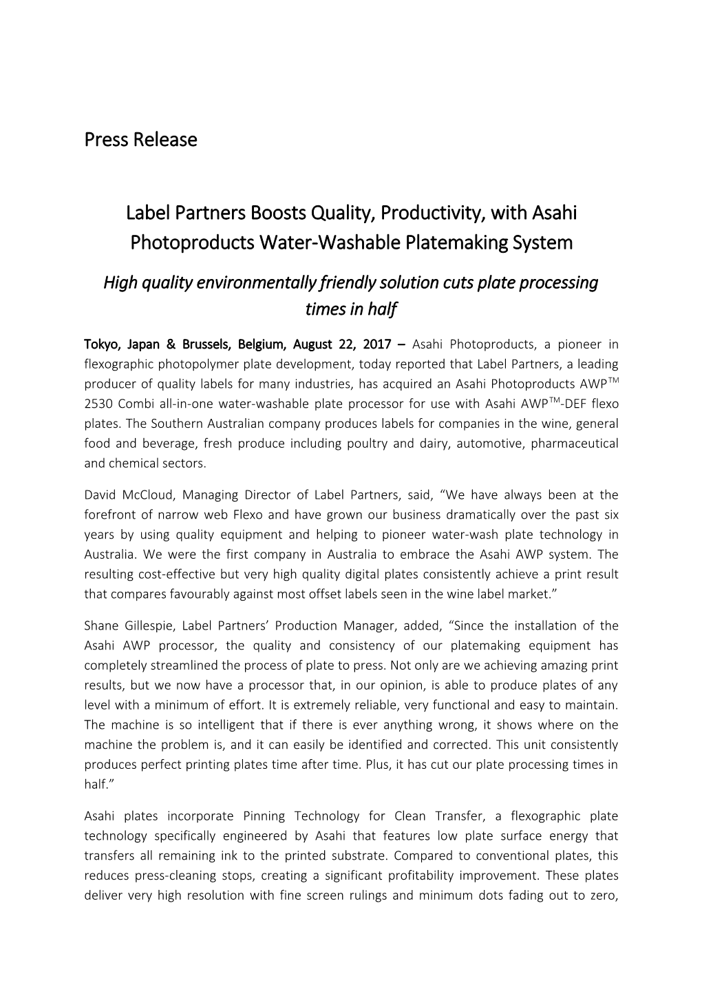 Label Partners Boosts Quality, Productivity, with Asahi Photoproducts Water-Washable Platemaking