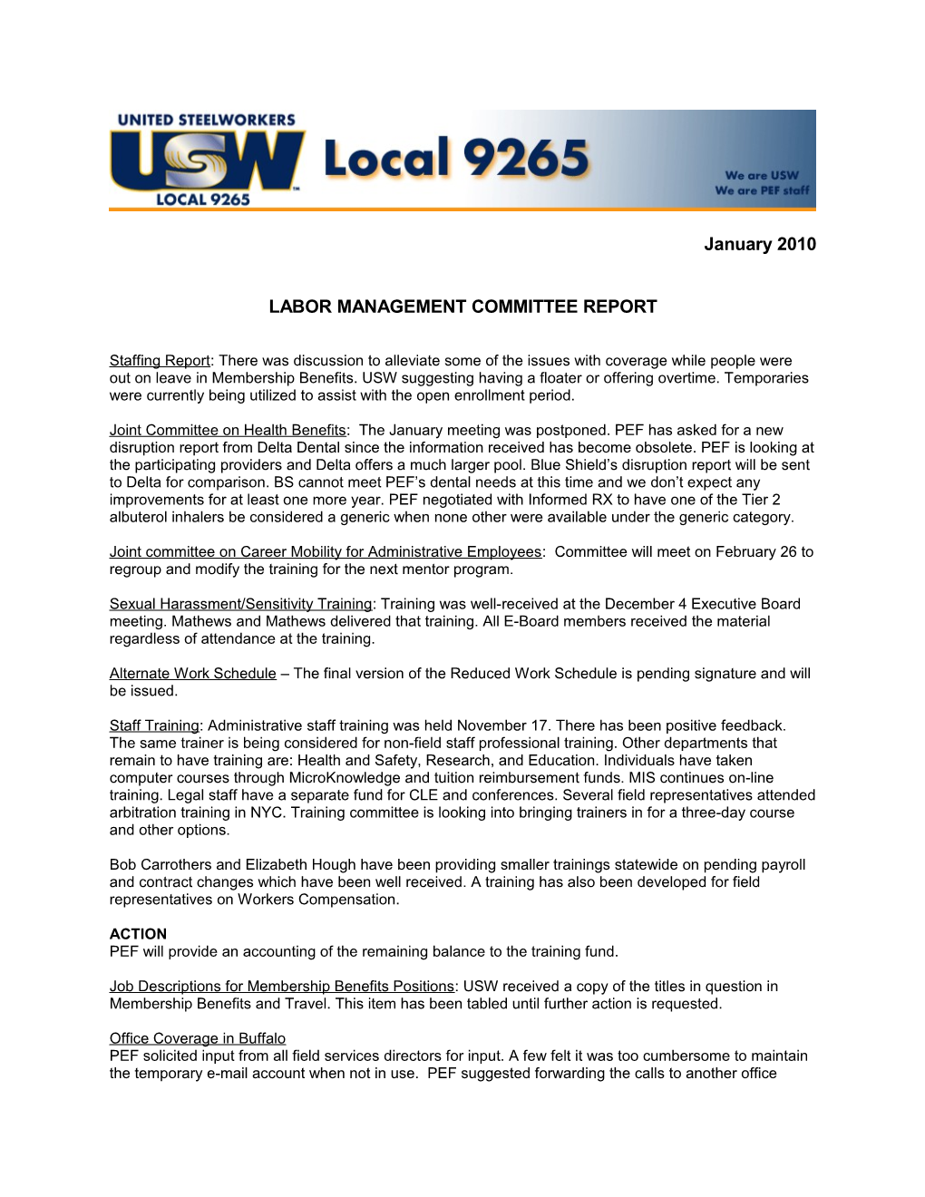 Labor Management Committee Report