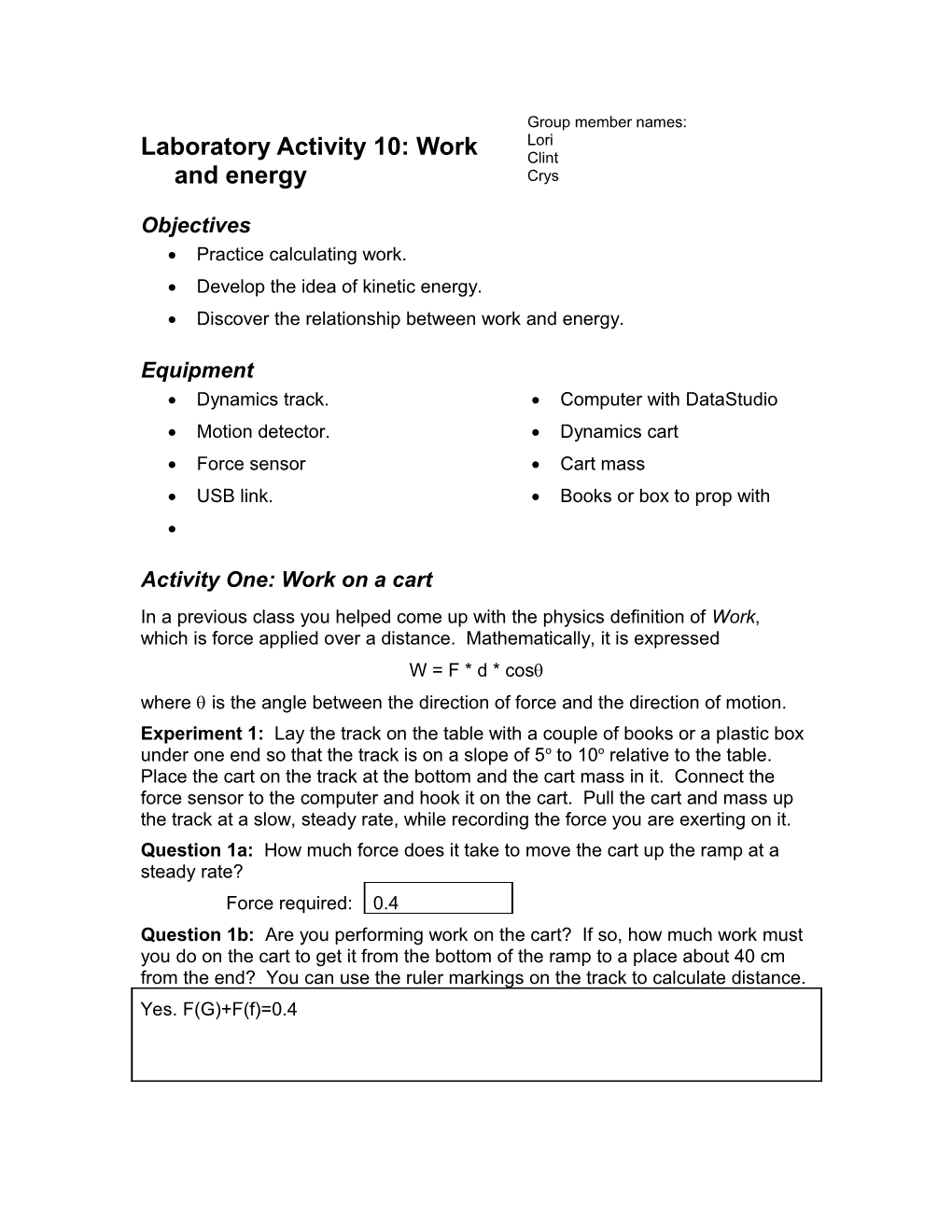 Laboratory Activity 10: Work and Energy