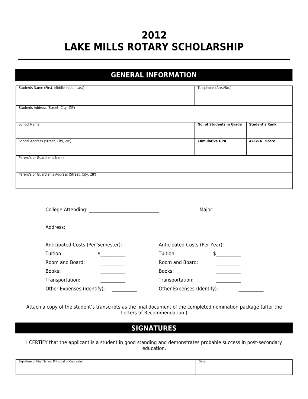 Lake Mills Rotary Scholarship