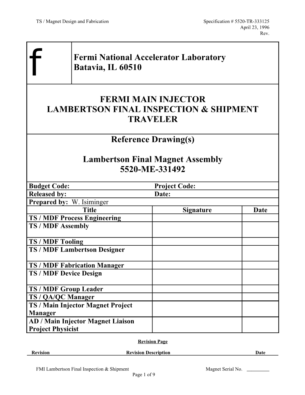Lambertson Final Inspection & Shipment Traveler