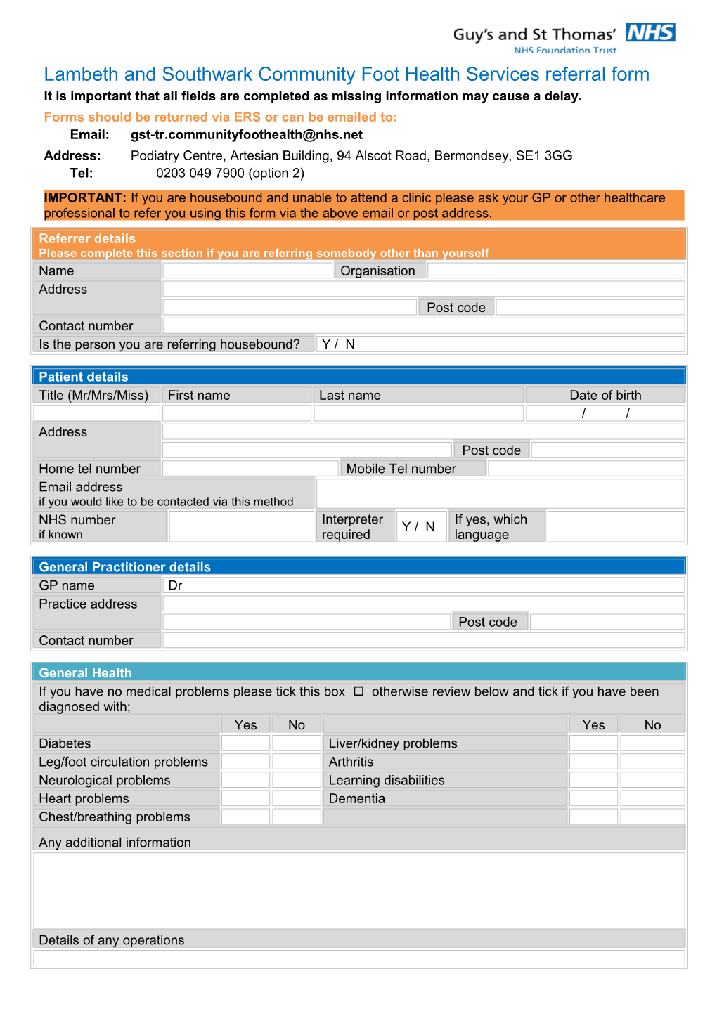 Lambeth and Southwark Community Foot Health Services Referral Form
