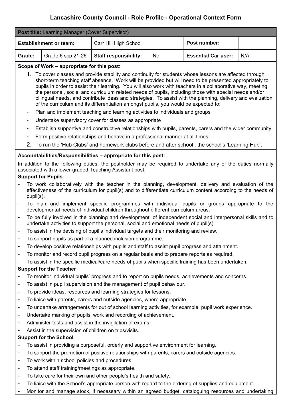 Lancashire County Council - Role Profile - Operational Context Form