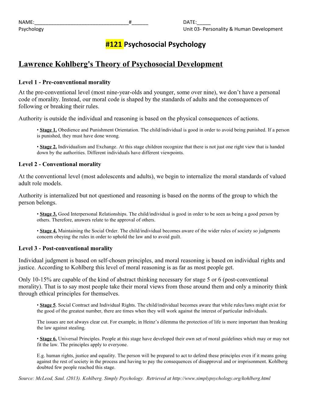 Lawrence Kohlberg's Theory of Psychosocial Development