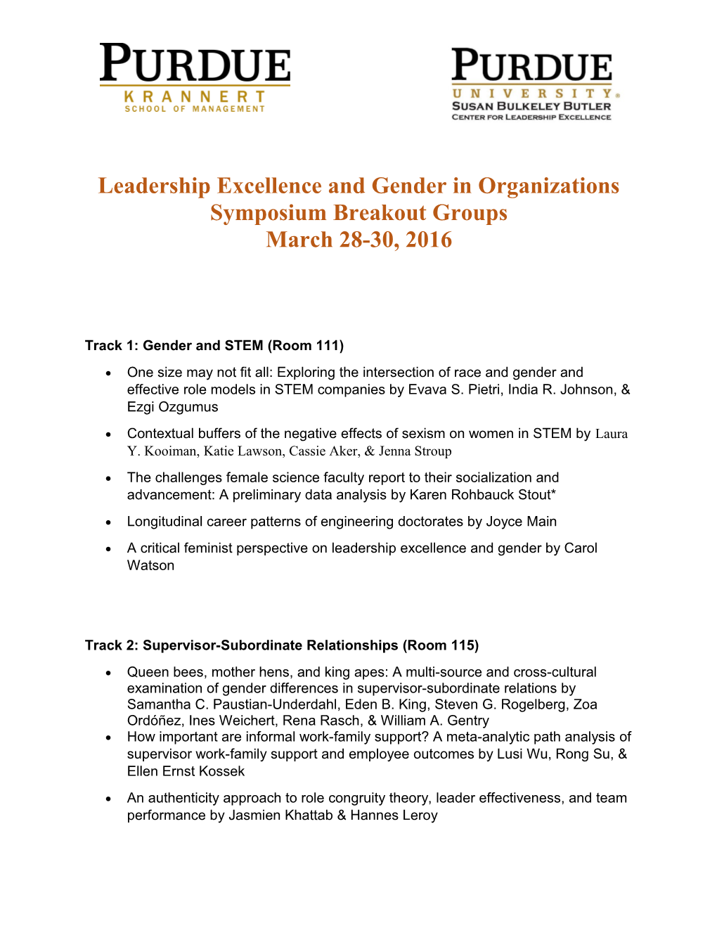 Leadership Excellence and Gender in Organizations Symposium Breakout Groups