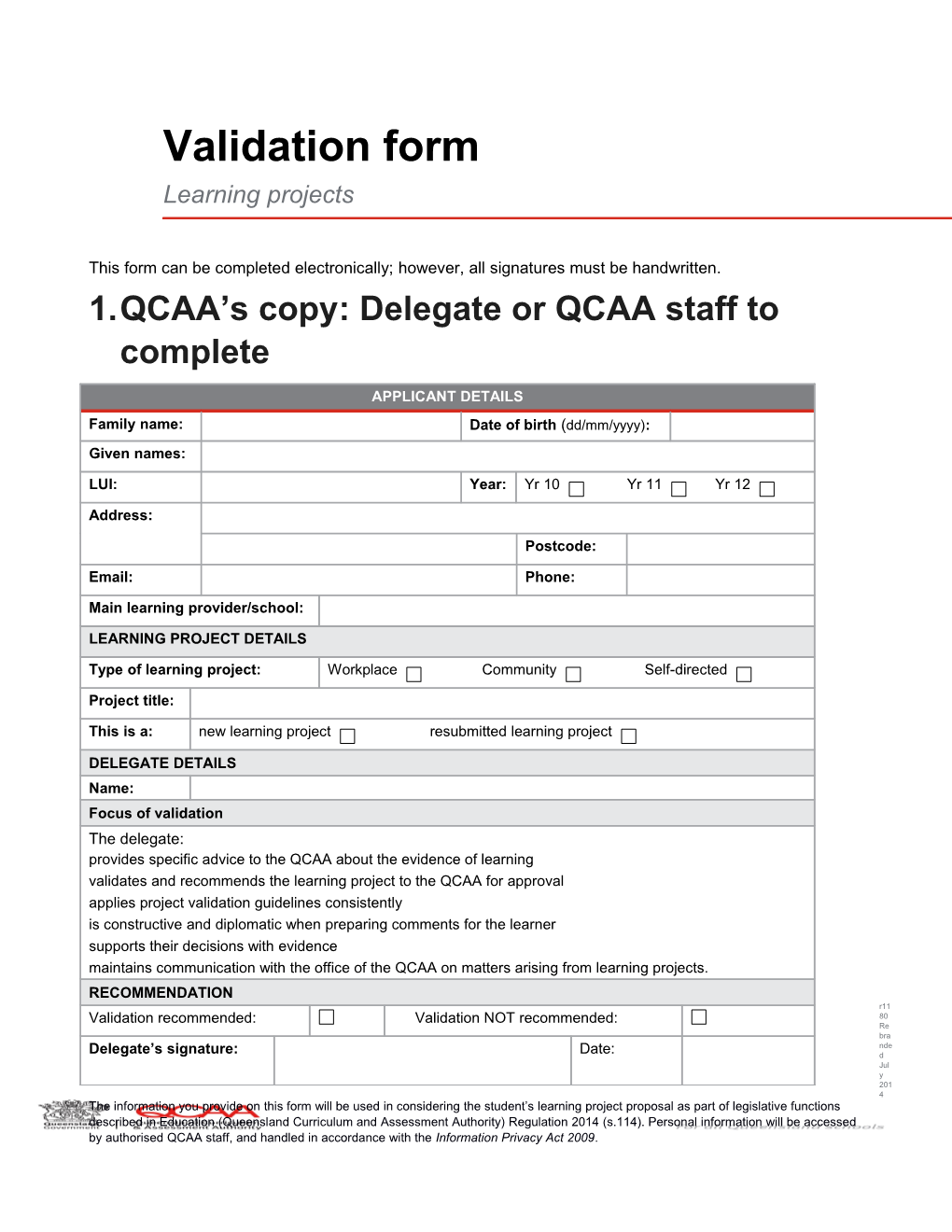 Learning Project Validation Form