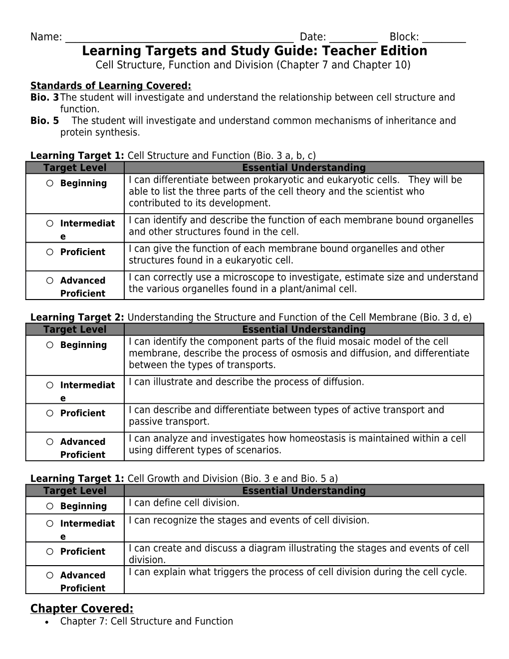 Learning Targets and Study Guide: Teacher Edition
