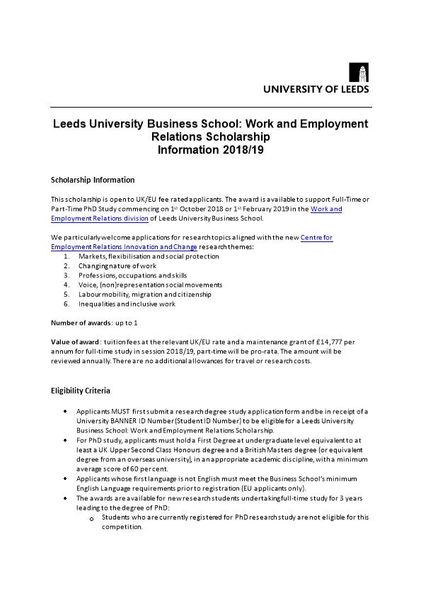Leeds University Business School: Work and Employment Relations Scholarship