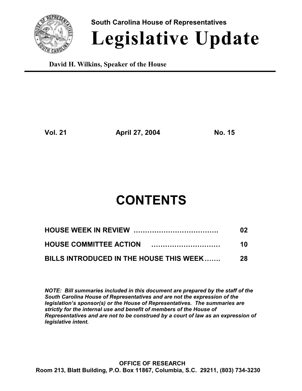 Legislative Update - Vol. 21 No. 15 April 27, 2004 - South Carolina Legislature Online