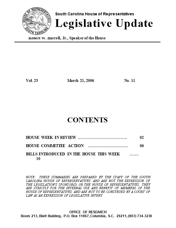 Legislative Update - Vol. 23 No. 11 March 21, 2006 - South Carolina Legislature Online