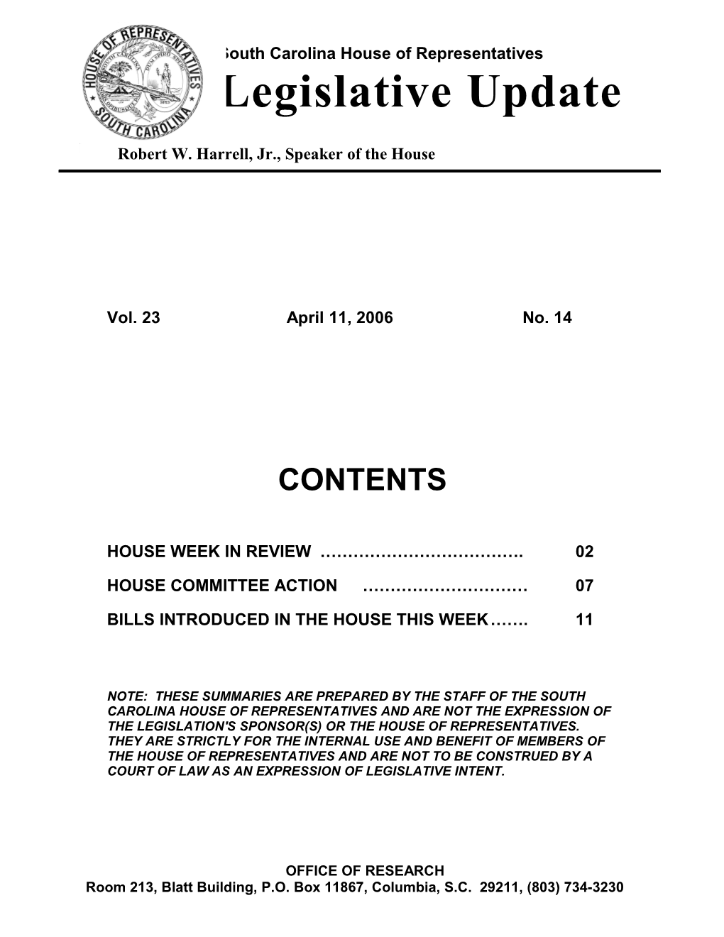 Legislative Update - Vol. 23 No. 14 April 11, 2006 - South Carolina Legislature Online