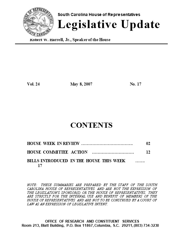 Legislative Update - Vol. 24 No. 17 May 8, 2007 - South Carolina Legislature Online