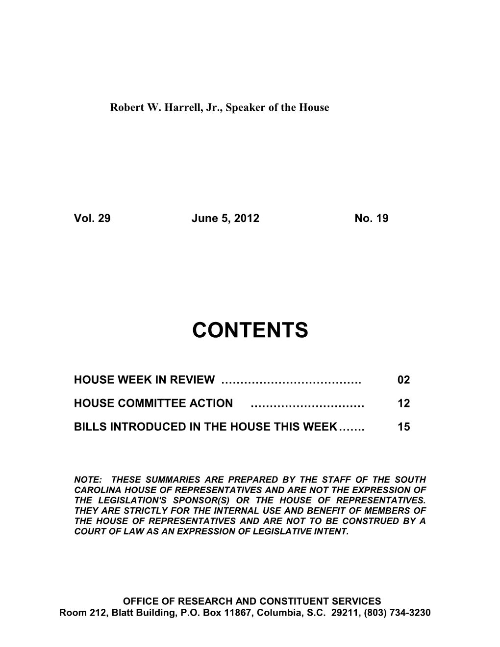Legislative Update - Vol. 29 No. 19 June 5, 2012 - South Carolina Legislature Online