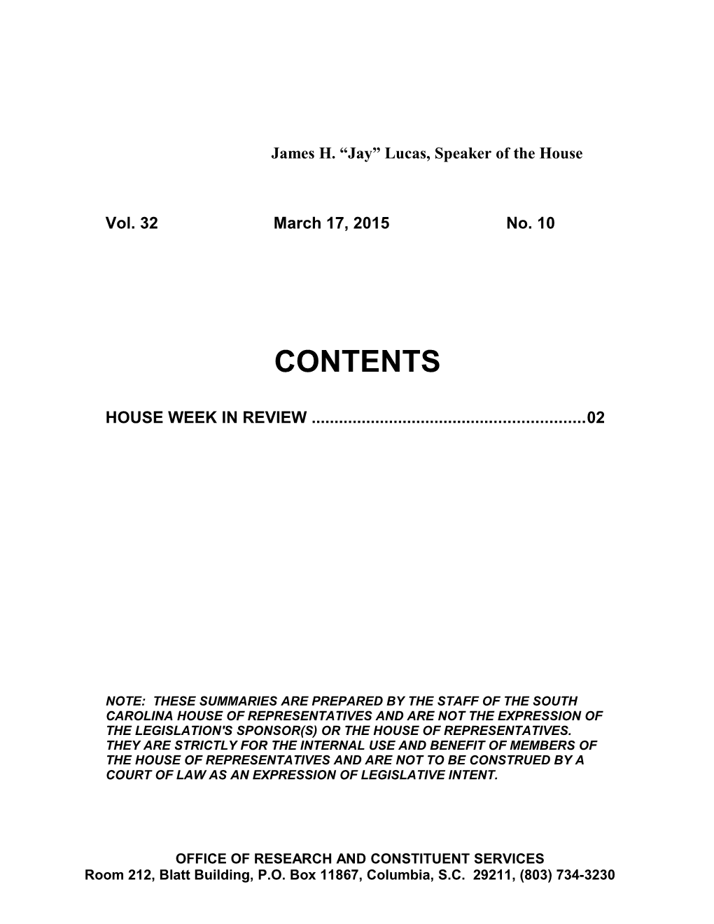 Legislative Update - Vol. 32 No. 10 March 17, 2015 - South Carolina Legislature Online