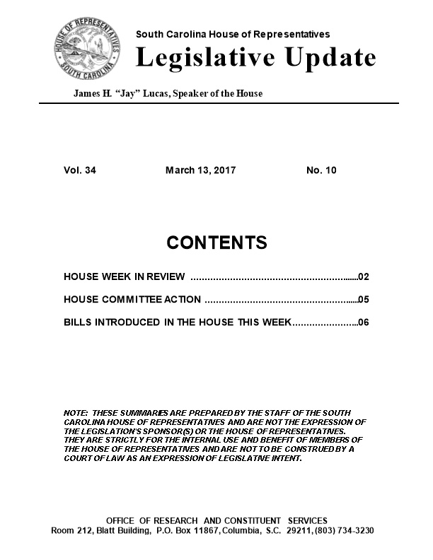 Legislative Update - Vol. 34 No. 10 March 13, 2017 - South Carolina Legislature Online